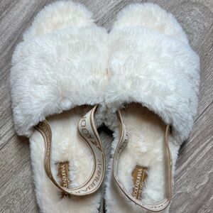 Koolaburra Cream Faux-Fur Slide Slippers with Branded Elastic Strap